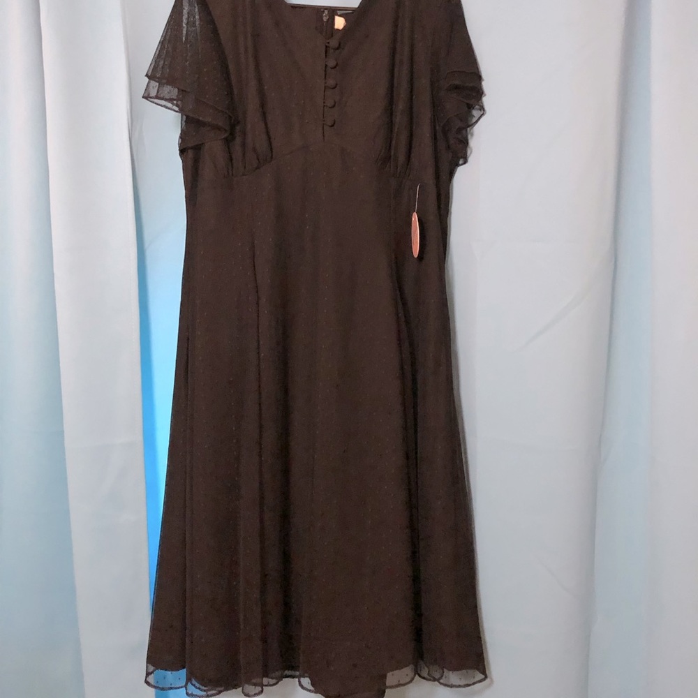 Sz 14 Unique Vintage Black dress with polka dot overlay, and flutter sleeves.